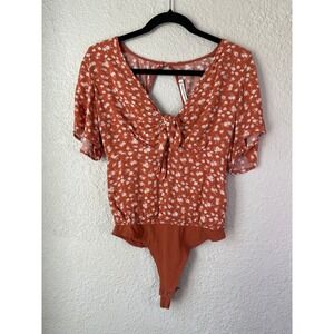 Abercrombie & Fitch Floral Bodysuit Rust Orange Tie Front Open Back Medium‎